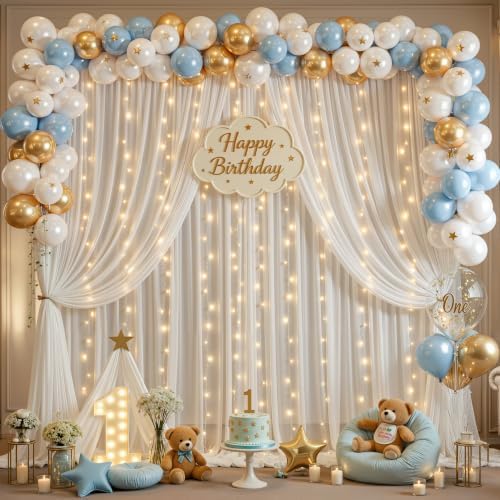 20ft x 10ft Cream White Chiffon Backdrop Curtain with Lights String for Parties,4 Panels Tulle Sheer Curtain Wedding Backdrop for Baby Shower Birthday Party Ceremony Reception Home Decorations - Image 3