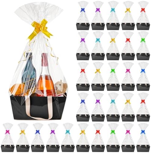 Tuanse 30 Pcs Basket for Gift Empty DIY Bulk Gift Basket Kit with Handle Kraft Cardboard Tray with 30 Bag 30 Bow Market Tray for Wedding Party, Black, 12.6 x 9.8 x 5.9 in by Tuanse