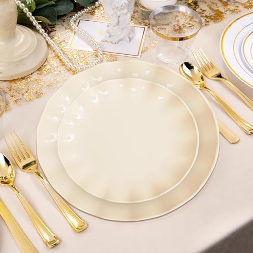 LIYH 50 Pcs Beige Plastic Plates Reusable Unbreakable Dinner Plates Scalloped Plastic Plate Dishwasher Safe Ivory Plate Sets Perfect for Parties Birthday Picnics BPA Free (25Guests) - Image 2