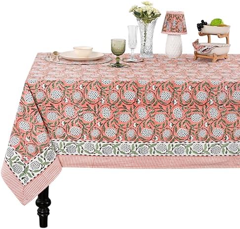 Ridhi Dark Salmon Pink Block Print Cotton Rectangle Table Cloth, 52x70 inch by Ridhi