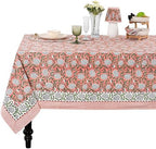 Ridhi Dark Salmon Pink Hand Block Print Cotton Rectangle Tablecloth 60" x 60" inches Reusable Table Cover Decorative Everyday Use for Dining Room, Farmhouse, Home Gift for Spring, Mother's Day by Ridhi