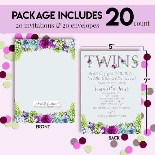 Amanda Creation Custom Baby Shower Invites Baby Succulents Twins Baby Shower Invitation 20 5x7 Custom Personalized S Invites With Envelopes - Image 4