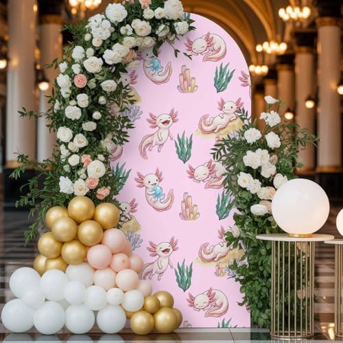 Cartoon Axolotl Arch Backdrop Cover 6.6 FT, Pink Ambystoma Mexicanum Green Seaweed Ocean Coral Wedding Arch Cover Stretchy Backdrop Stands Covers for Birthday Party Ceremony Banquet Decor - Image 4