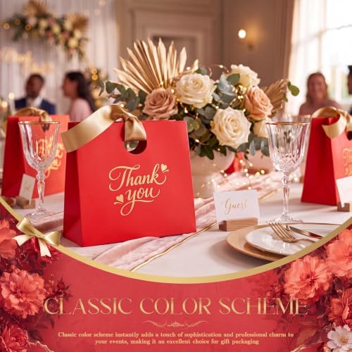 Feifeiya 30 Pcs Thank You Gift Bags with Ribbon Handles 7.87 x 3.54 x 7.09 Inch Paper Candy Gift Bags with Gold Foil Printed for Appreciation Birthday Wedding Bridal Baby Shower Party Favors(Red) - Image 5