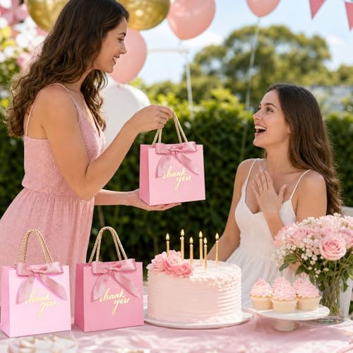 Whaline 60 Pcs Thank You Gift Bags with Ribbon Small Gradient Pink Paper Party Favor Bags with Handles for Wedding Bridal Baby Shower Birthday Party, 5.5 x 4.8 x 2.5 inch - Image 6