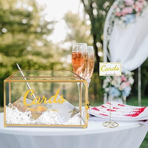 Glass Wedding Card Box with Lock, 12.6x5.9x9 inches Large Gold Card Boxes for Wedding Reception, Keepsake Display, Graduation, Party Centerpiece Decorative Box - Image 3