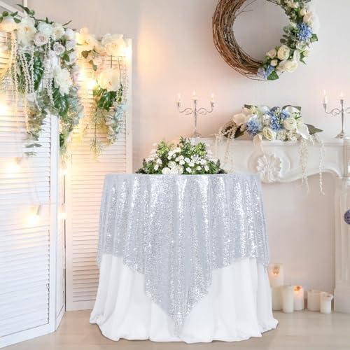 Poise3EHome Silver Sequin Tablecloth 90×90 Inch Square Sequin Fabric Table Cover Overlay for Christmas Baby Shower Birthday Party Wedding Holiday Cake Table Decoration - Image 6