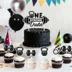 Gym First Birthday Decorations Glitter One Strong Dude Banner Black Gingham Backdrop Highchair Banner Weight Lifting Cake Cupcake Toppers Balloons for Baby Boys Weightlifting Sports 1st Bday Supplies - Image 2