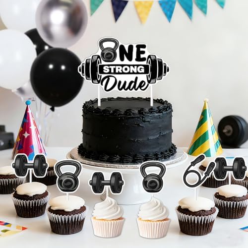 Gym First Birthday Decorations Glitter One Strong Dude Banner Black Gingham Backdrop Highchair Banner Weight Lifting Cake Cupcake Toppers Balloons for Baby Boys Weightlifting Sports 1st Bday Supplies - Image 2