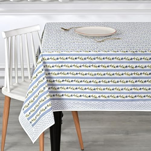 Ridhi Blue Meadow Vine Hand Block Print Cotton Tablecloth 120 x 60 Inch - Image 3