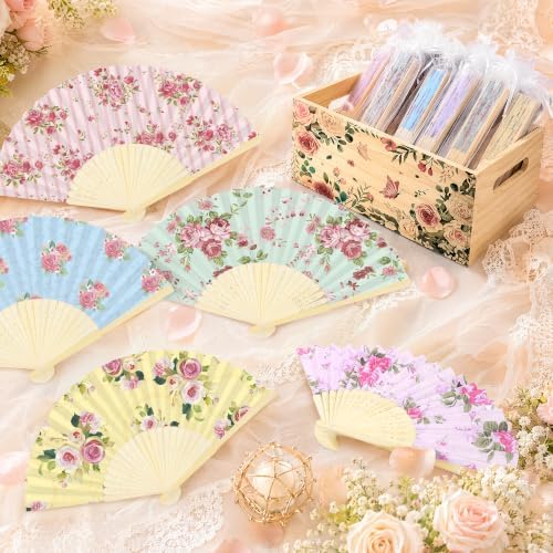 Aodaer 50 Pack Tea Party Favor Floral Printed Hand Fans with Organza Bags Bulk Wooden Storage Box Retro Pattern Paper Handheld Folding Fans for Spring Picnic Bridal Shower Wedding Bridesmaid Gifts by Aodaer