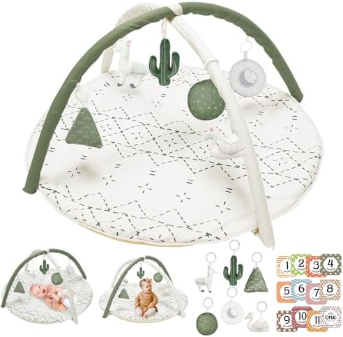 Little Dove Tummy Time Mat with 6 Toys, Macrame Baby Play Mat for Newborn, Baby Gym with 12 Milestone Cards, Stage-Based Sensory and Motor Skill Development Baby Play Gym, Non Slip Mat Washable, Green by LittleDove