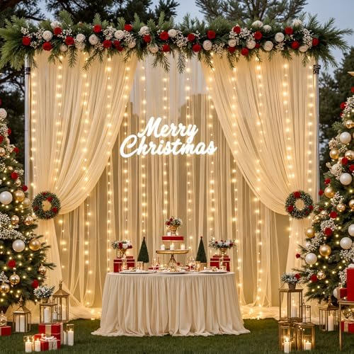 20×12ft Champagne Tulle Backdrop Curtain with Lights String for Parites Sheer Fabric Backdrop Curtains for Wedding Baby Shower Birthday Party Backdrop Drapes Photo Shoot Background 4 Panels 5ft×12ft - Image 7