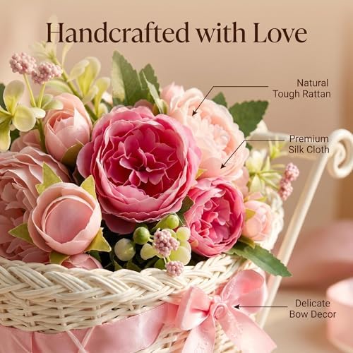 4-Pack White Rattan Baby Carriage Floral Arrangements with Pink Artificial Bouquets – Baby Shower Table Centerpieces, Gender Reveal Party Favors, Mini Stroller Decorations for Guests, Wedding Décor - Image 3