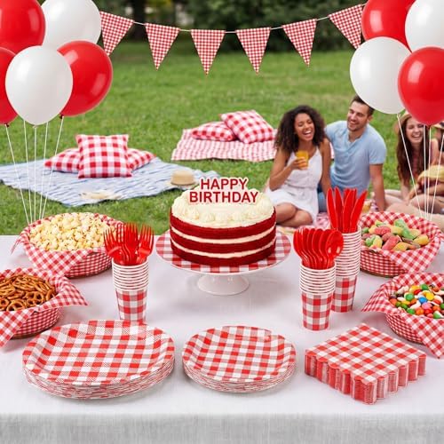 Pajean 175 Pcs Gingham Paper Plates and Napkins, Red White - Image 4