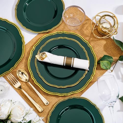 Hioasis 350 Pcs Green Gold Plastic Plates Wedding & Party - Image 3