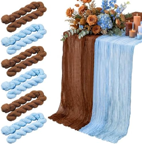 6 Pcs 118" Blue and Brown Cheesecloth Table Runner by Windkream