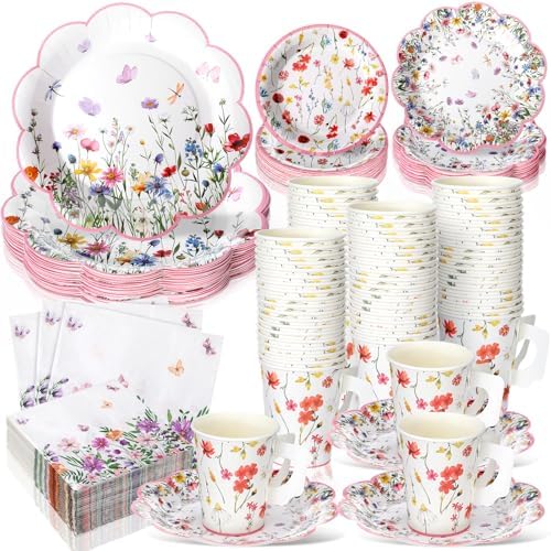 Pickmesh 252 Pcs Floral Tea Party Supplies for 36 Guests Wildflower Paper Disposable Dinnerware Floral Teacups with Handle and Saucers Sets for Tea Party Decorations Birthday Baby Shower Wedding by Pickmesh