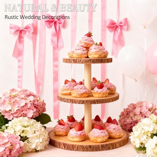 3-Tier Round Wooden Cupcake Stand, Rustic Natural Bark Wood Dessert Display Tower Platter for Wedding, Birthday, Baby Shower, Tea Party & Farmhouse Party Buffet - Image 6