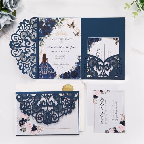 Navy Blue Laser Cut Invitations Wedding Invitation Kit Personalized Cards - Image 3