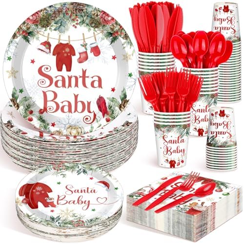 Dandat 350 Pcs Baby Shower Set, Christmas Santa Baby, Red by Dandat
