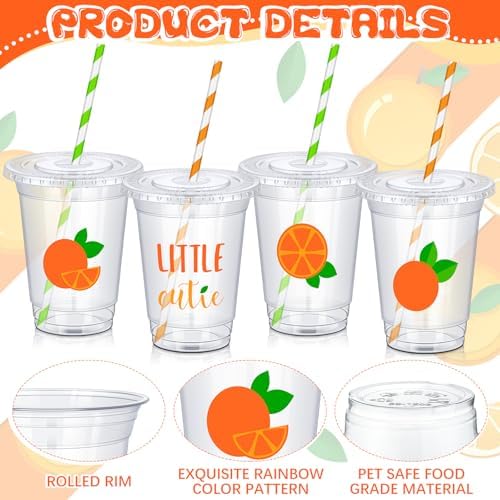 meekoo 100 Set 12 oz Little Cutie Baby Shower Decoration Cups Clear Disposable Orange Party Plastic Cups with Paper Straws and Lids for Birthday Baby Shower Drinkware Party Favors - Image 3