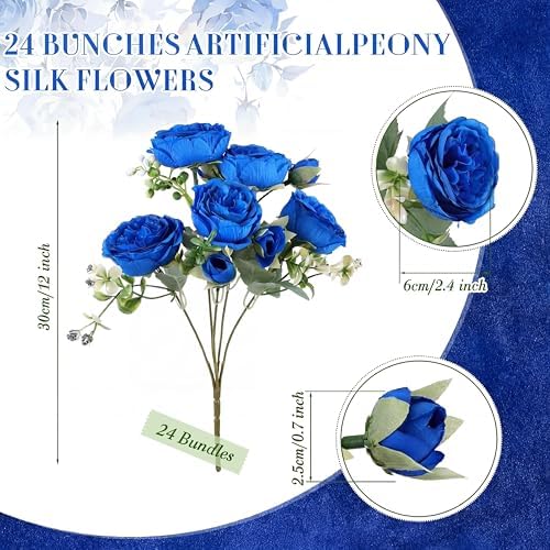 Geosar 24 Bundles Artificial Peonies Flowers,Royal Blue,White - Image 2