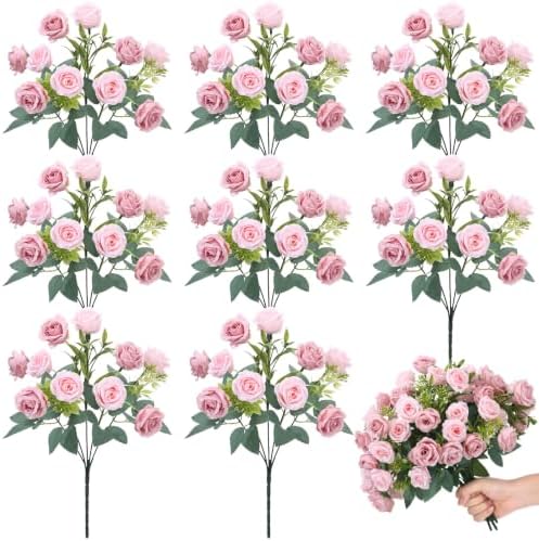 Zeyune 8 Pack 12 Inch Artificial Rose Bouquet, Paste Pink and Light Pink by Zeyune