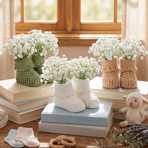 3 Set Baby Shower Booties Table Centerpiece Knitted Booties with Flowers - Image 2