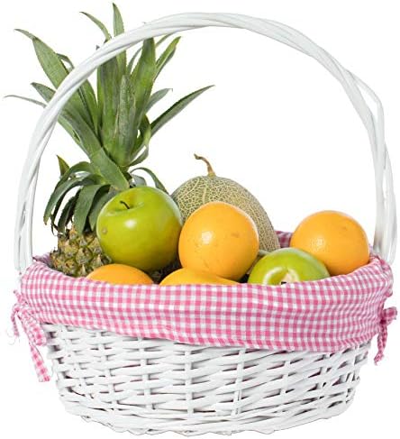 White Round Willow Gift Basket with Pink Gingham Liner & Handle, Mediun – Empty Christmas Basket for Gifts, Holiday Wicker Basket, Basket to Fill - Image 4