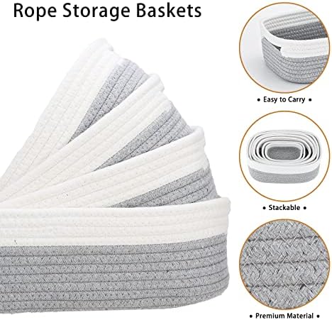 7 Piece Cotton Rope Woven Basket Set - Small Basket for Baby Nursery, Pets, Montessori, Dog & Cat Toy Boxes, Bathroom Organization Bins (White/Gray) - Image 3