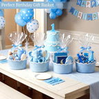 8 Pack Scalloped Small Woven Basket with Gift Bags and Ribbons 12"x 8"x 5" Cotton Rope Storage Organizer with Handles Cute Empty Gift Basket for Nursery Birthday Baby Shower, Blue - Image 2