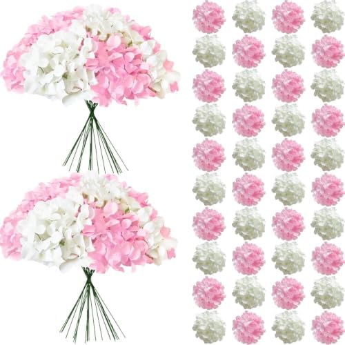 65Pcs Whitepink Hydrangea Artificial Flowers Bulk，Realistic Silk Fake Flowers with Stems，Faux Hydrangea Flowers for Wedding Home Decor Centerpieces Living Room Party Baby Shower Decoration by Cherica