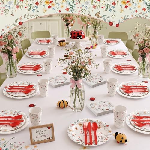 LemonRoad 175 Pcs Little Love Ladybird Party Supplies, Garden Floral Disposable Tableware Set for 25 Guests, 9" Plates, 7" Dessert Plates, Cups, Napkins and Red Cutlery for Baby Shower Birthday - Image 5