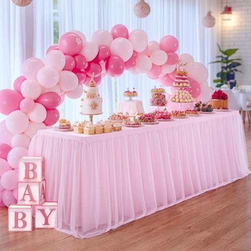 4 Pack 8ft Pink Tablecloths for Rectangle Tables, 8 Foot Pink Rectangular Table Cloth, Wrinkle Free Table Cover with Tutu Skirt for Baby Shower Girls Birthday Party Banquet Buffet Cake Decorations - Image 3