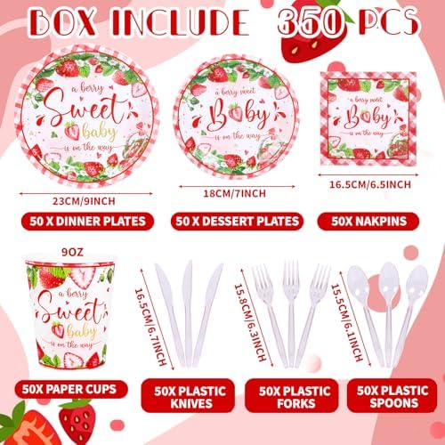 350 Strawberry Baby Shower Decorations for 50 Guests A Berry Sweet Baby is On The Way Party Supplies for Girls Disposable Dinnerware Set Paper Plates Napkins Cups - Image 2