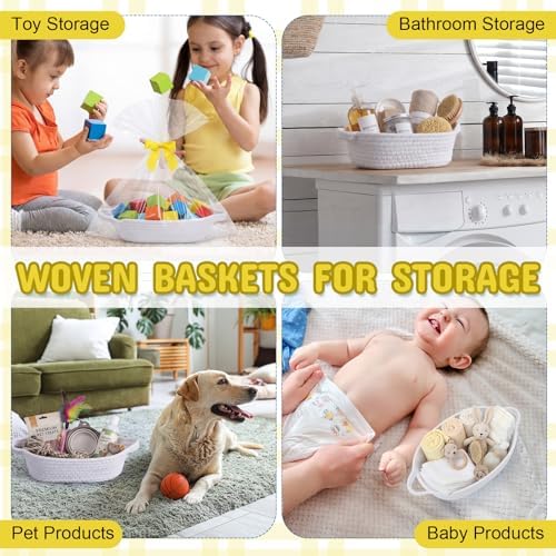 White 12 Set Small Woven Gift Basket with Gift Bags Ribbons Empty Gifts Baskets Woven Rope Storage Basket with Handles for Birthday Baby Shower Nursery Toy Organizer 9.1"x 5.1" x 2.8" - Image 6