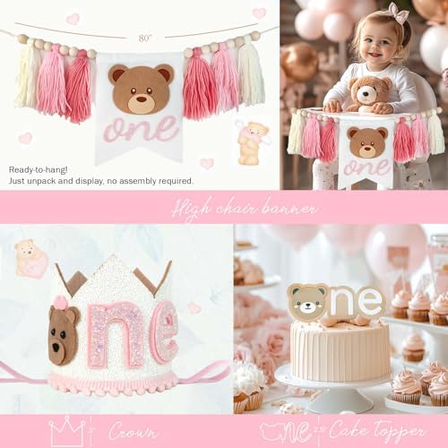 Hombae Beary First Birthday Decorations for Girl, Teddy Bear 1st Birthday Party Supplies, Pink Ivory Balloon Garland, Girl Baby Photo Banner, Bear Birthday Themed Decor Party Pack - Image 4