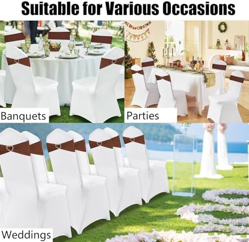 Brown Chair Sashes 50 Pack Spandex Brown Sashes for Chairs Covers Universal Stretch Chair Sashes Band with Heart Buckle Slider for Wedding Banquet Party Decorations - Image 7
