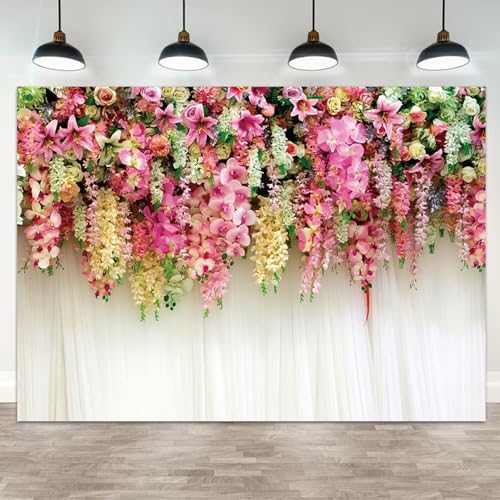 10x5ft Pink Floral Backdrop White Curtain Wedding Reception Photography Background Colorful Flowers Anniversary Bridal Shower Decorations Birthday Party Baby Shower Portrait Photo Booth Prop by ASDCXZ