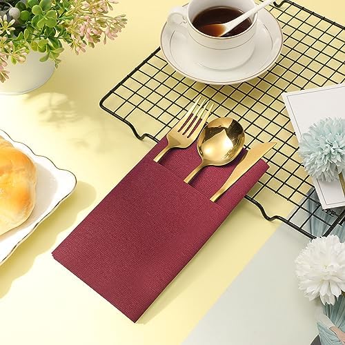 Cindeer 75 Pcs Burgundy Linen Dinner Napkins with Built in Flatware - Image 3