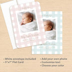 Let's Make Memories Personalized Baby Announcement Cards - Birth, Adoption - Boy, Girl - Premium Quality Custom Photo Cards for Mailing - 5x7 - Includes White Envelopes - Soft Plaid - 25 ct - Image 3