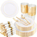 Liacere 350PCS Gold Plastic Plates-Disposable White and Gold Plates 50guest Baroque Plastic Dinnerware include 100Plates, 50Pack Pre Rolled Napkins with Silverware 50Cups for Wedding & Party by Liacere
