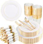 Liacere 350PCS Gold Plastic Plates-Disposable White and Gold Plates 50guest Baroque Plastic Dinnerware include 100Plates, 50Pack Pre Rolled Napkins with Silverware 50Cups for Wedding & Party by Liacere