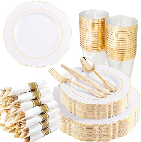 Liacere 350PCS Gold Plastic Plates-Disposable White and Gold Plates 50guest Baroque Plastic Dinnerware include 100Plates, 50Pack Pre Rolled Napkins with Silverware 50Cups for Wedding & Party by Liacere