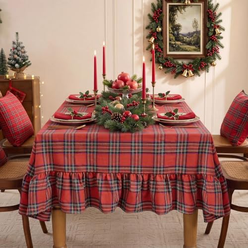 Romanstile Christmas Plaid Ruffled Tablecloth Rectangle, 60x84 Inch Red - Image 2