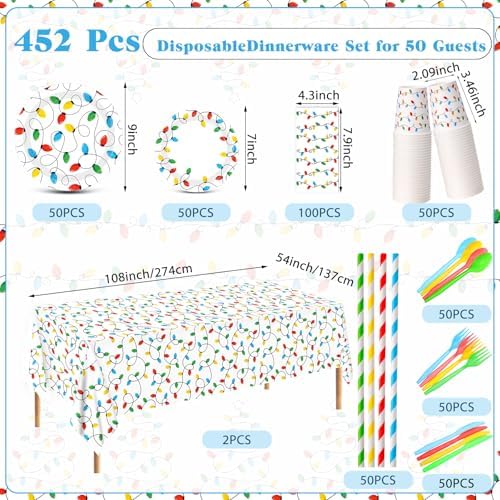 Funnymoom 452 Pcs Christmas Party Decorations for 50 Guests, Colorful Christmas Lights Paper Plates Napkins Cups Tablecloth Cutlery Straws Disposable Tableware Set for Xmas Holiday Party Supplies - Image 3