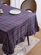 vctops Christmas Navy Plaid Ruffle Table Cloth, Farmhouse Cotton Linen Tablecloth, Washable Table Cover for Rectangle Table Baby Shower Kitchen Party Wedding Decor (Navy,55"x78") - Image 5