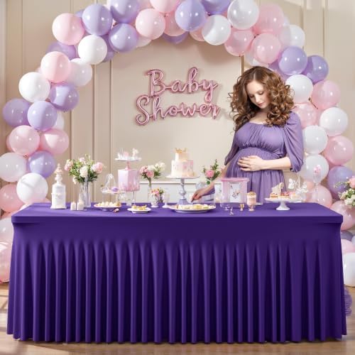 2 Packs Purple Table Clothes for 8 Foot Rectangle Tables, One-Piece Wrinkle Resistant Stretch Spandex Table Covers with Skirt for Event Banquet Wedding Birthday Party - Image 6