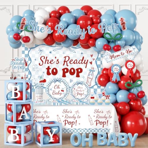 Shes Ready to Pop Baby Shower Decorations Boy All-in-1 Soda Pop Baby Shower Decorations with Balloon Arch Baby Boxes Plates Napkins Cake Toppers Tablecloth Backdrop Banner for Gender Reveal Party by Juweked